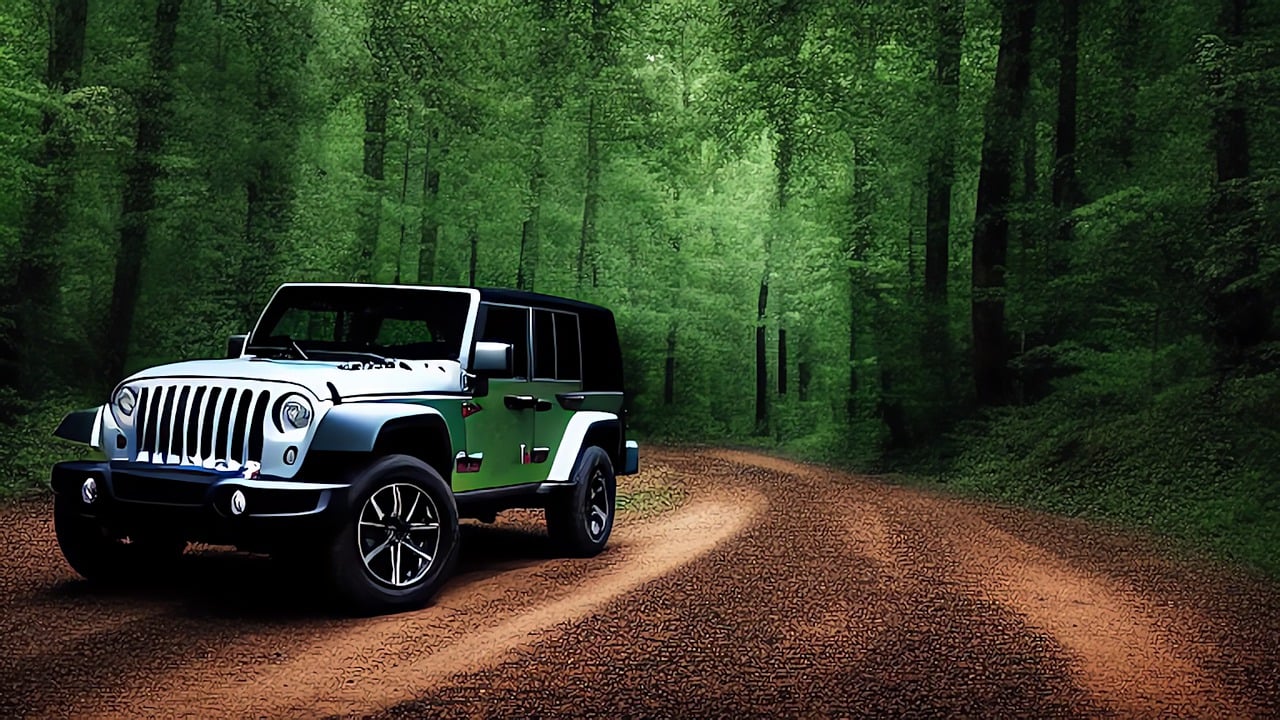 A silver Jeep driving through the forest